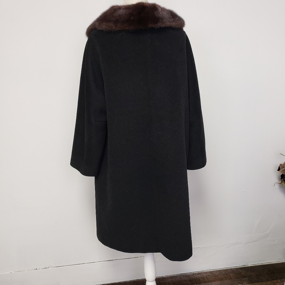 Vtg Townly Wool Dress Coat Mink Fur Collar Black L Satin Lined EUC Mid Century - Picture 11 of 16